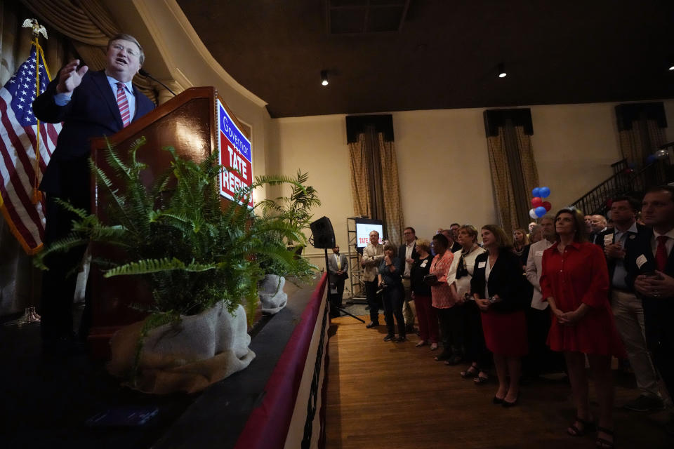 Republican Mississippi Gov. Tate Reeves addresses supporters in Jackson, Miss., after winning the party primary Tuesday, Aug. 8, 2023. Reeves defeated two challengers for the party nomination. (AP Photo/Rogelio V. Solis)