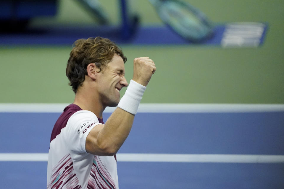 Casper Ruud, of Norway, reacts after defeating Matteo Berrettini, of Italy, during the quarterfinals of the U.S. Open tennis championships, Tuesday, Sept. 6, 2022, in New York. (AP Photo/Julia Nikhinson)