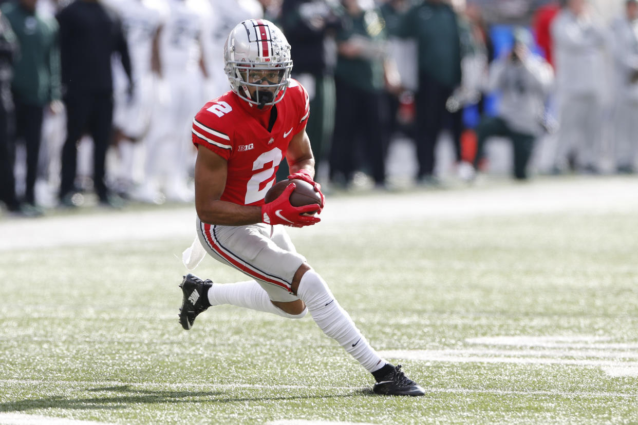 Ohio State receiver Chris Olave isn't big, but his speed and separation ability could be big for the Raiders. (AP Photo/Jay LaPrete)