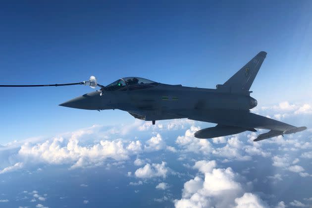 An RAF Typhoon combat aircraft refuels from an RAF Voyager aircraft over the North Sea on October 08, 2020 in flight, above Scotland. (Photo by Leon Neal/Getty Images)