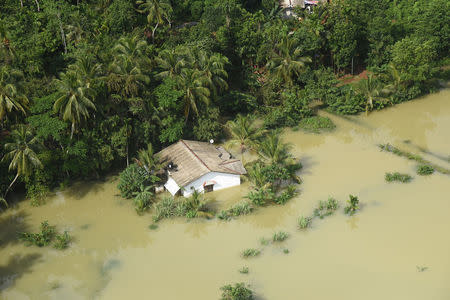 A flooded house is seen in a village in Matara, Sri Lanka May 29, 2017. Sri Lanka Air Force/Handout via REUTERS