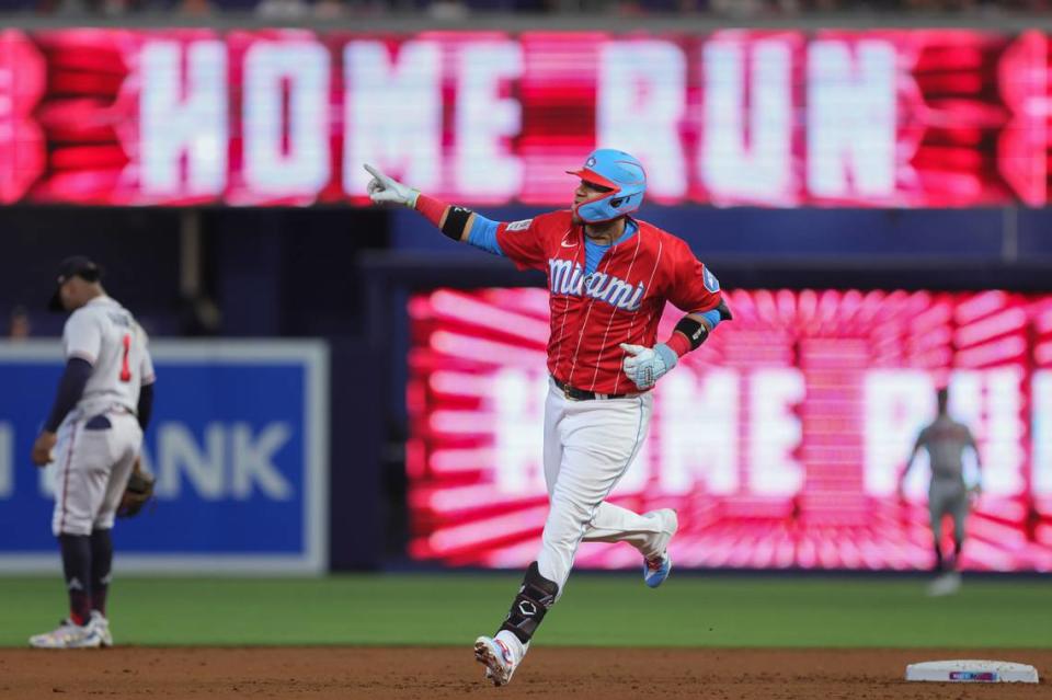 Sep 16, 2023; Miami, Florida, USA; Miami Marlins first baseman Yuli Gurriel (10) circles the bases after hitting a two-run home run against the Atlanta Braves during the first inning at loanDepot Park.