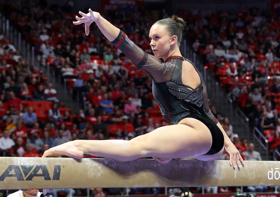 Utah’s Maile O’Keefe does a 10.0 beam routine as the Utah Red Rocks compete against Oregon State in a gymnastics meet at the Huntsman Center in Salt Lake City on Friday, Feb. 2, 2024. Utah won. | Kristin Murphy, Deseret News