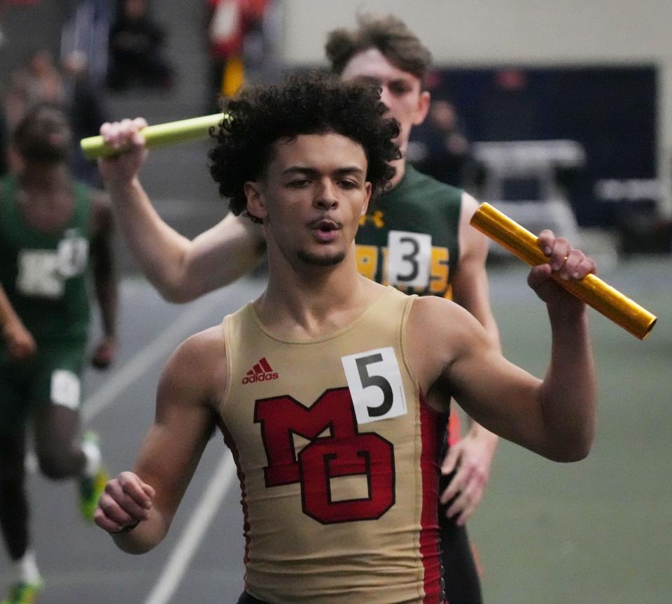 Madison, NJ -- January 3, 2024 -- Matthew Evans of Mount Olive led his team in the Boys 4x200 meter Relay at the Morris County Relays, held in the Simon Forum at Drew University.