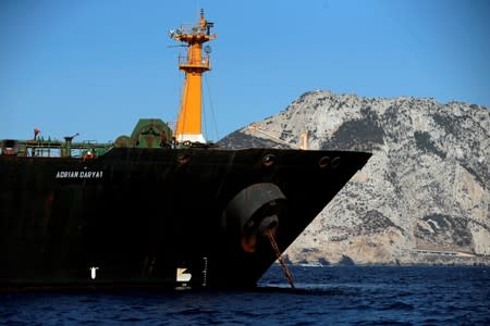 FILE PHOTO: Iranian oil tanker Adrian Darya 1, previously named Grace 1, sits anchored in the Strait of Gibraltar, Spain