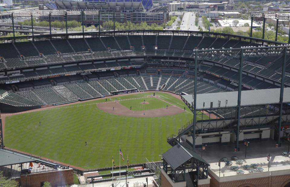 The Chicago White Sox and Baltimore Orioles play a baseball game, Wednesday, April 29, 2015, in Baltimore. The game was played in an empty Oriole Park at Camden Yards amid unrest in Baltimore over the death of Freddie Gray at the hands of police. (AP Photo/Patrick Semansky)