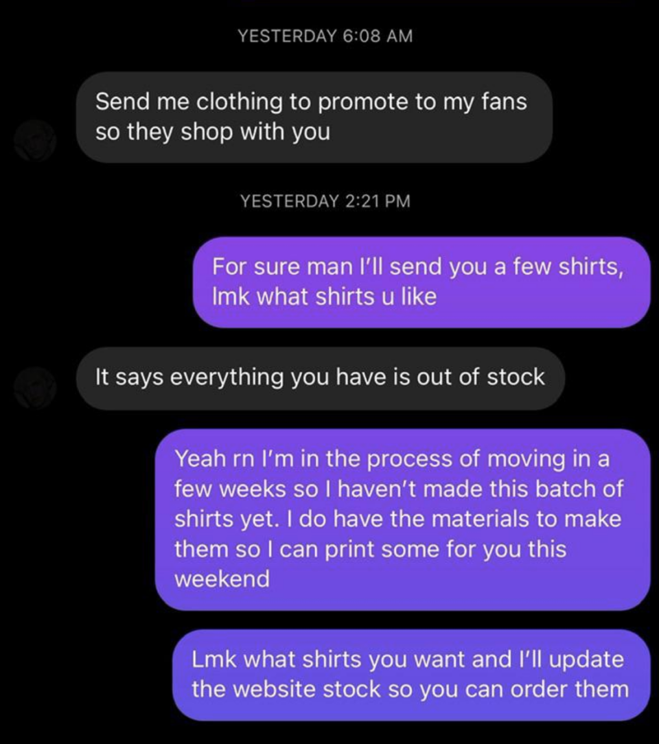 "Lmk what shirts you want"