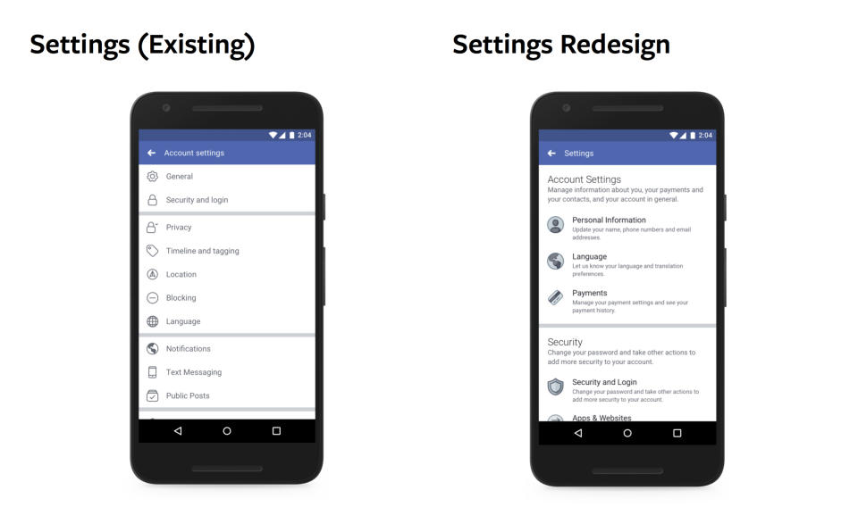 This undated product image provided by Facebook shows a redesign of Facebook’s privacy tools. Facebook announced the redesign on Wednesday, March 28, 2018. The changes won’t affect Facebook’s privacy policies or the types of data it gathers on users. But the company hopes its 2.2 billion users will have an easier time navigating its complex and often confusing privacy and security settings. (Facebook via AP)