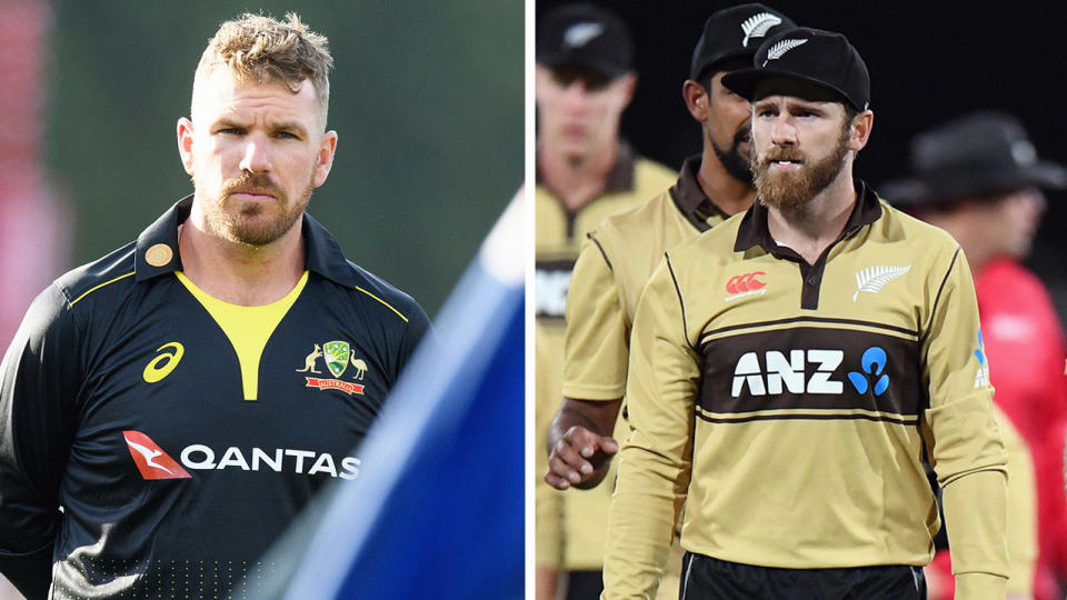 Aaron Finch (pictured left) during the national anthem and Kane Williamson (pictured right) after the T20 win.