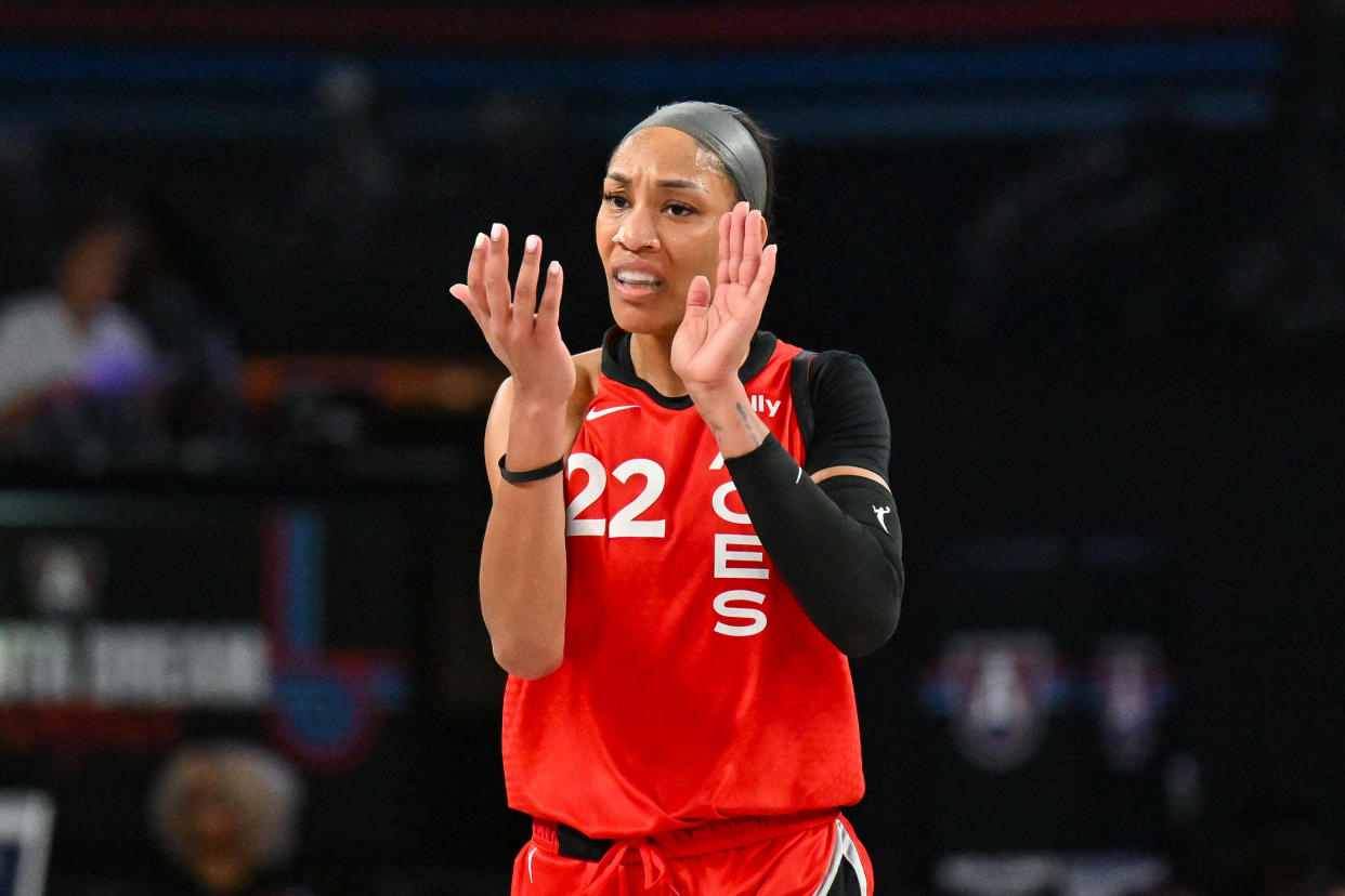 COLLEGE PARK, GA  JULY 12:  Las Vegas center A'ja Wilson (22) reacts after a three-pointer during the WNBA game between the Las Vegas Aces and the Atlanta Dream on July 12th, 2024 at the Gateway Arena in College Park, GA. (Photo by Rich von Biberstein/Icon Sportswire via Getty Images)