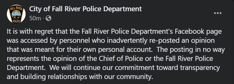 A screenshot of a post from Fall River Police Department in reference to a previous post that was since been deleted.