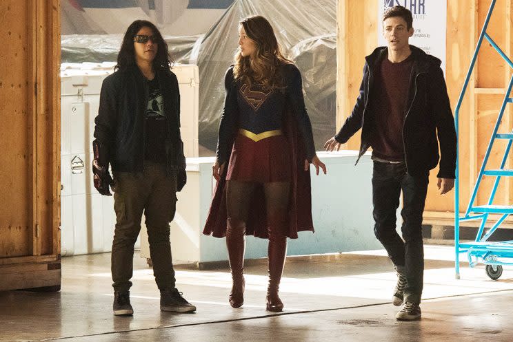 Carlos Valdes as Cisco Ramon, Melissa Benoist as Supergirl and Grant Gustin as Barry Allen (Credit: The CW)