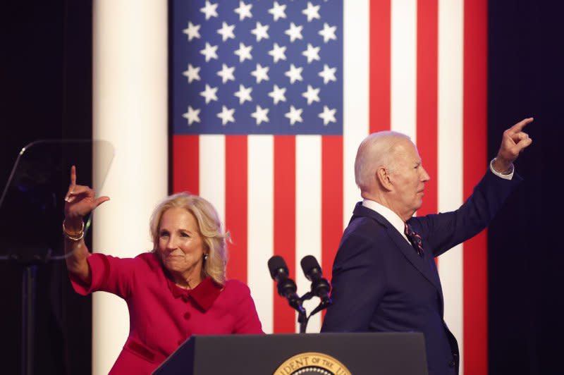 First lady Jill Biden joins President Joe Biden on stage after he delivers remarks on the Jan. 6, 2021, attack on the U.S. Capitol at Montgomery County Community College near Valley Forge, Pennsylvania, on Friday. Photo by John Angelillo/UPI