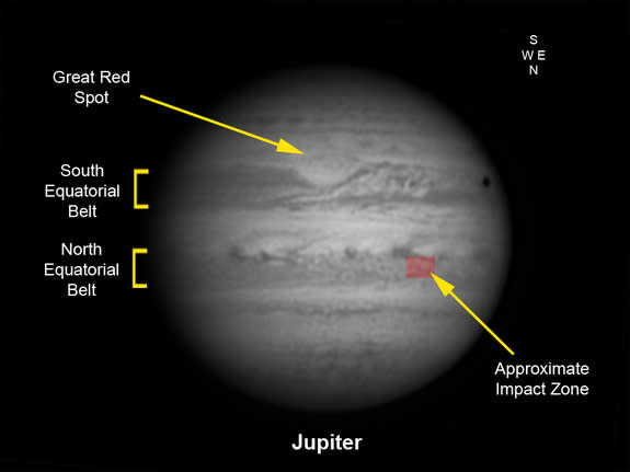 This graphic of Jupiter by UK astronomer Pete Lawrence shows the location of the Jupiter impact region from Sept. 12, 2012, as seen through an inverting astronomical telescope. The impact site is located at longitude system II 335, latitude +12