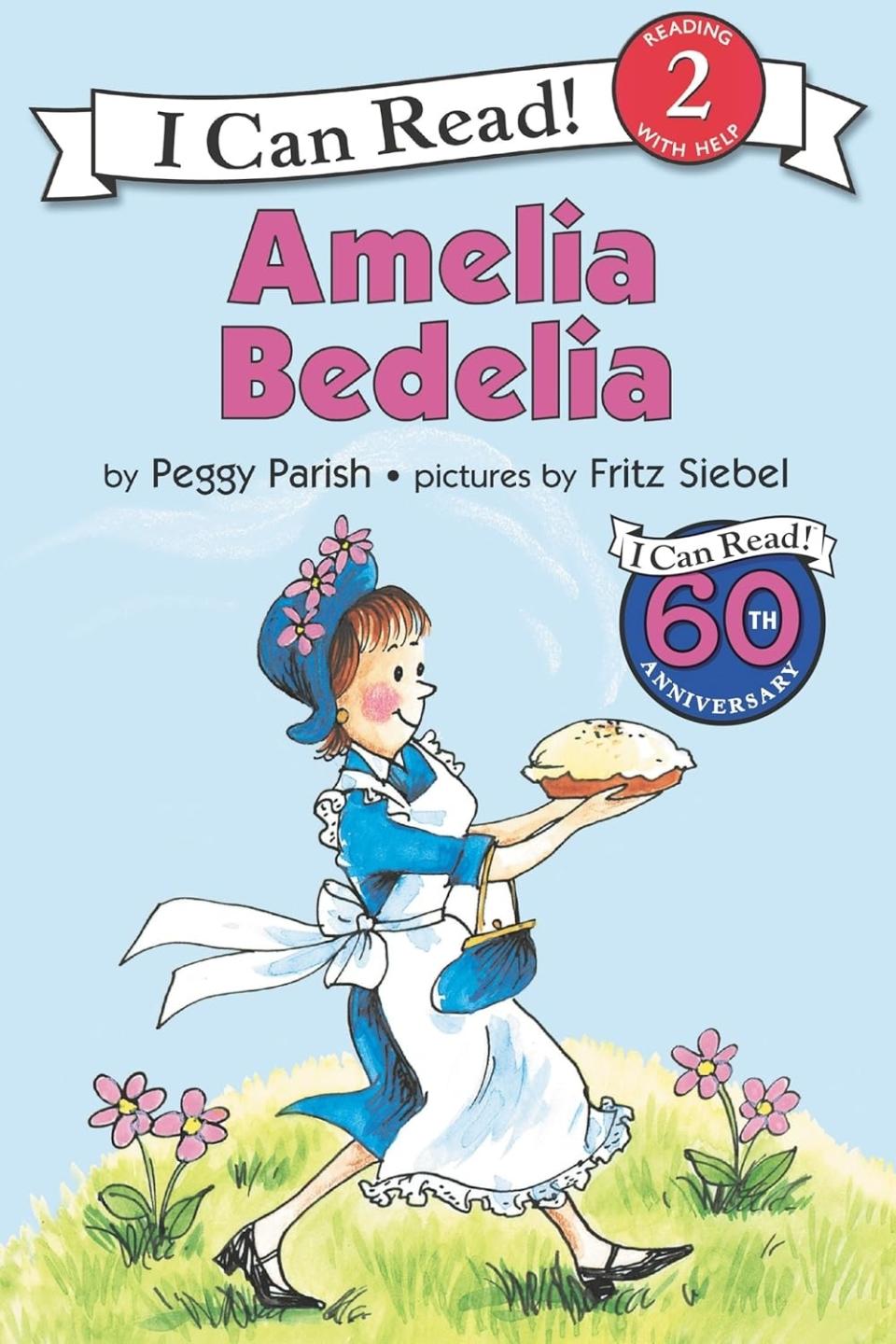 Book cover of "Amelia Bedelia" showing the character holding a pie, with text for author and illustrative credits