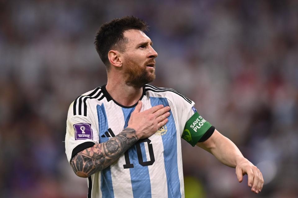 Argentina's Lionel Messi celebrates after scoring his side's opening goal during the World Cup group C football match between Argentina and Mexico, at the Lusail Stadium in Lusail, Qatar, Saturday, Nov. 26, 2022. (Fabio Ferrari/LaPresse via AP)