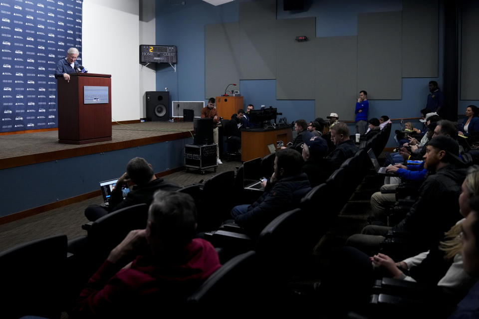 Former Seattle Seahawks head coach Pete Carroll looks down as he speaks to a full room during a media availability after it was announced he will not return as head coach of the team next season, Wednesday, Jan. 10, 2024, at the NFL football team's headquarters in Renton, Wash. Carroll will remain with the organization as an advisor. (AP Photo/Lindsey Wasson)