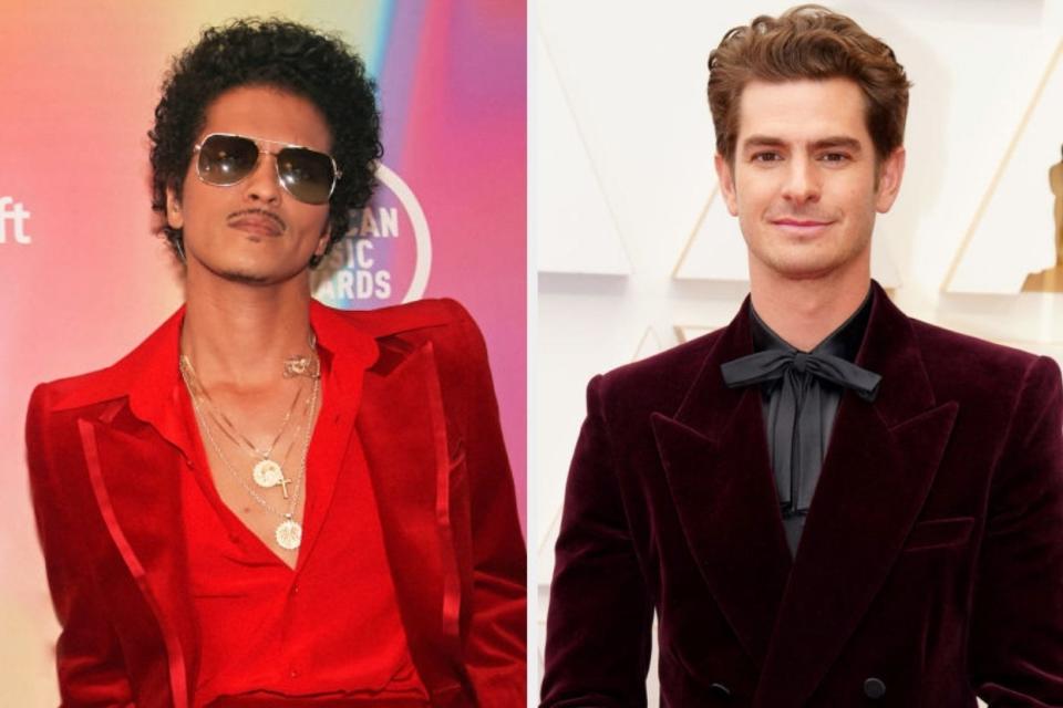 Two photos; on the left, Bruno Mars and on the right, Andrew Garfield