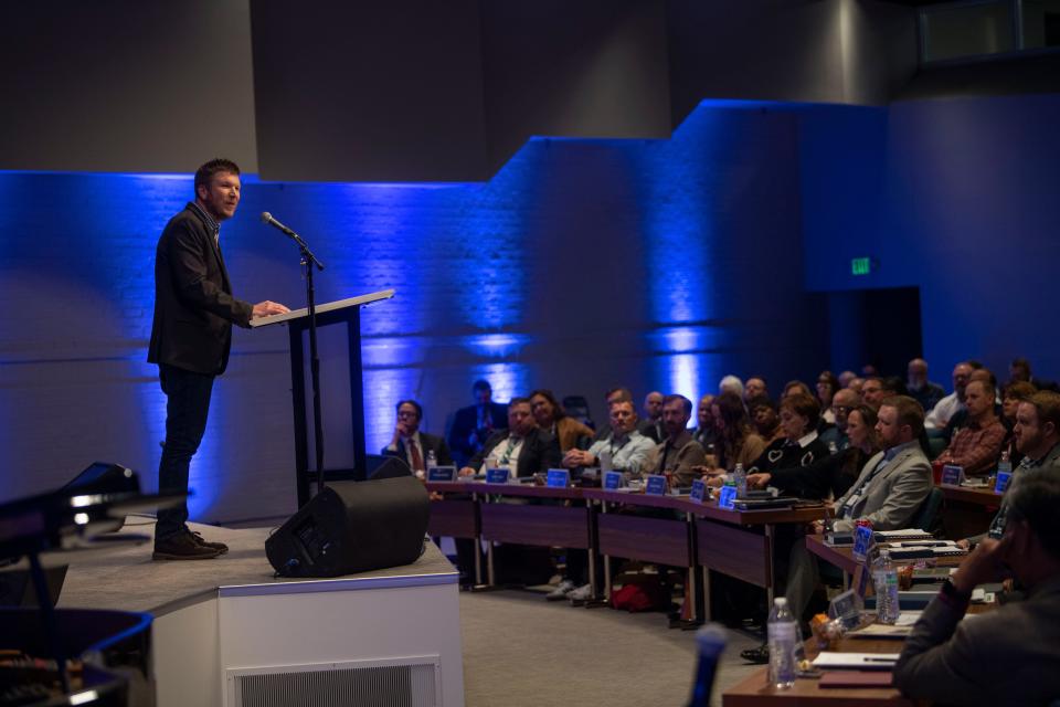 North Carolina pastor Josh Wester presents to SBC Executive Committee members and staff at a meeting in February about ongoing abuse reform efforts in the SBC, including a new proposal to create a nonprofit to take on the work of reform in the long-term.