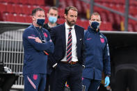 COPENHAGEN, DENMARK - SEPTEMBER 08: Gareth Southgate, Manager of England (C) looks on during the UEFA Nations League group stage match between Denmark and England at Parken Stadium on September 08, 2020 in Copenhagen, Denmark. (Photo by Michael Regan/Getty Images)