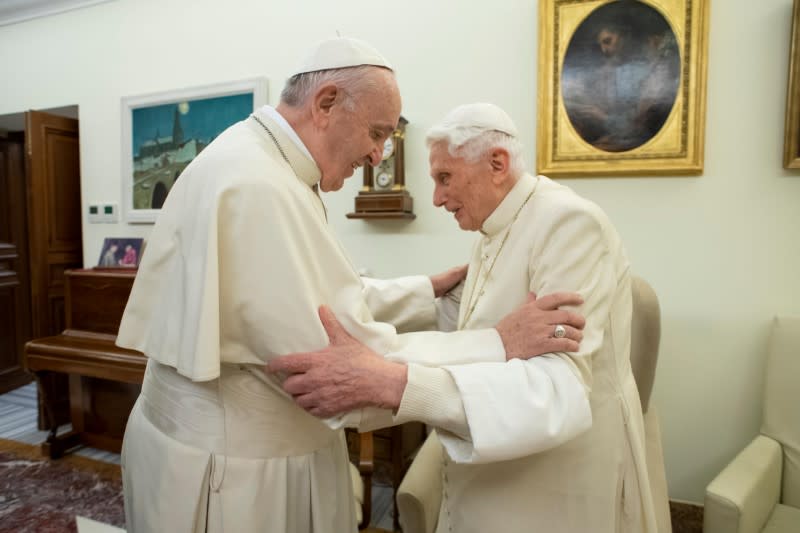 FILE PHOTO: Pope Francis visits his predecessor, Pope Emeritus Benedict XVI, at the Mater Ecclesiae Monastery in Vatican