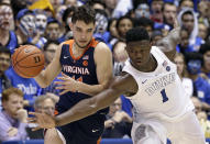 Duke's Zion Williamson (1) tries to steal the ball from Virginia's Ty Jerome during the second half of an NCAA college basketball game in Durham, N.C., Saturday, Jan. 19, 2019. Duke won 72-70. (AP Photo/Gerry Broome)