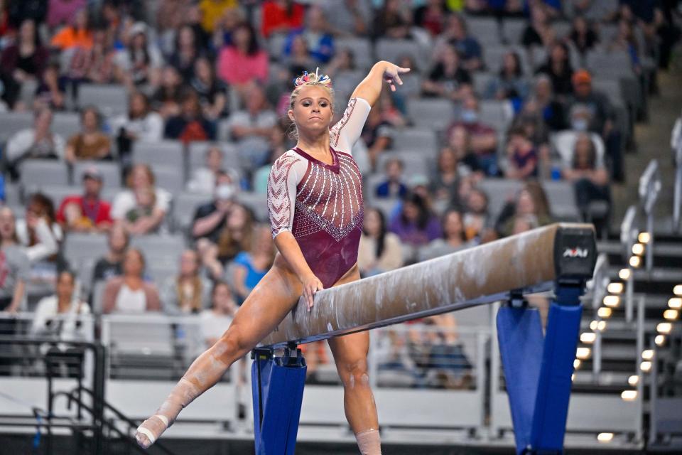 OU gymnast Ragan Smith performs on balance beam during the finals on April 16, 2022, in Fort Worth, Texas.