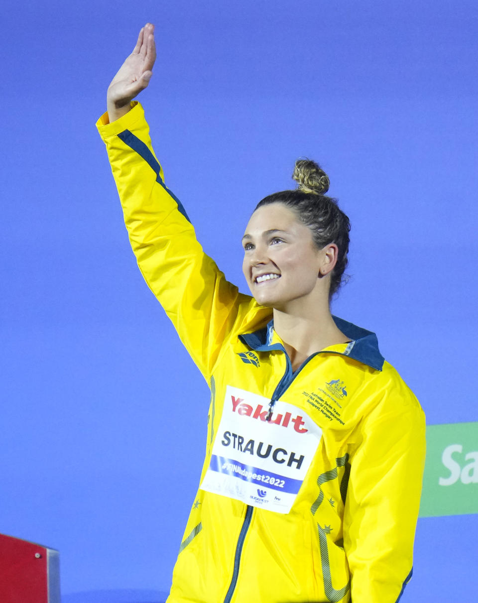 Silver medalist Jenna Strauch of Australia celebrates after the Women 200m Breaststroke final at the 19th FINA World Championships in Budapest, Hungary, Thursday, June 23, 2022. (AP Photo/Petr David Josek)