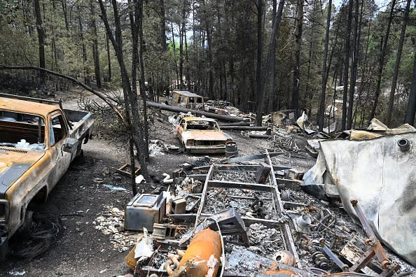 NEW MEXICO, USA - JUNE 20: A view of burnt cars and structures as the wildfire of South Fork Fire continue in Ruidoso of New Mexico, United States on June 20, 2024. (Photo by Tayfun Coskun/Anadolu via Getty Images)