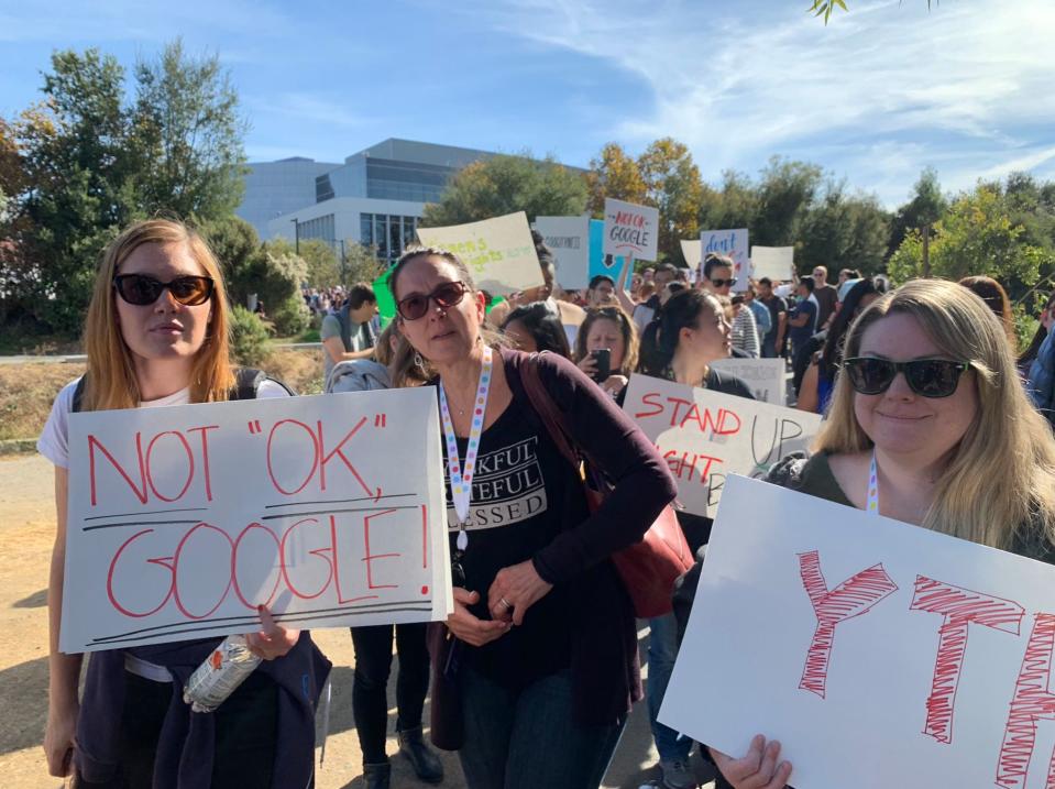 Google employees marching across Google's Mountain View headquarters. Source: JP Mangalindan/Yahoo Finance