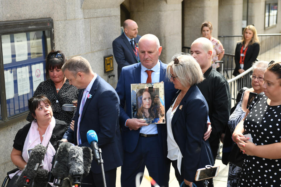 Family members of victims of the Manchester Arena bombing, outside the Old Bailey in London, after terrorist Hashem Abedi was handed a record-breaking 55-year minimum term.