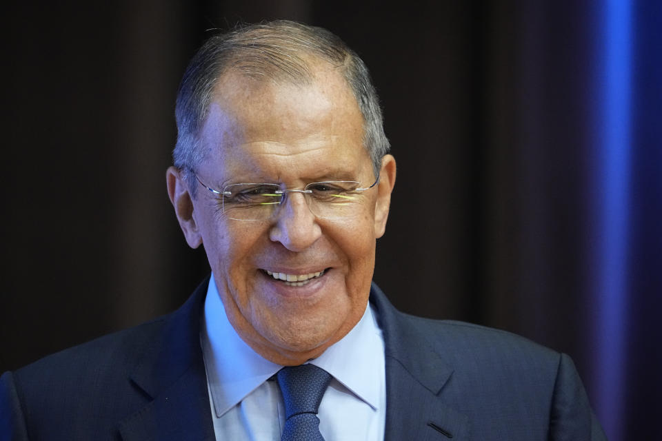 Russian Foreign Minister Sergey Lavrov attends an opening ceremony of the school year beginning known as the "Day of Knowledge" in the MGIMO (Moscow State University for Foreign Relations) in Moscow, Russia, Friday, Sept. 1, 2023. (AP Photo/Alexander Zemlianichenko)