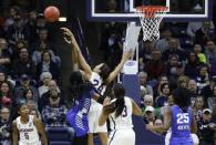 Mar 24, 2019; Storrs, CT, USA; UConn Huskies forward Napheesa Collier (24) blocks the shot of Buffalo Bulls guard Theresa Onwuka (11) during the first half in the second round of the 2019 NCAA Tournament at Gampel Pavilion. Mandatory Credit: David Butler II-USA TODAY Sports