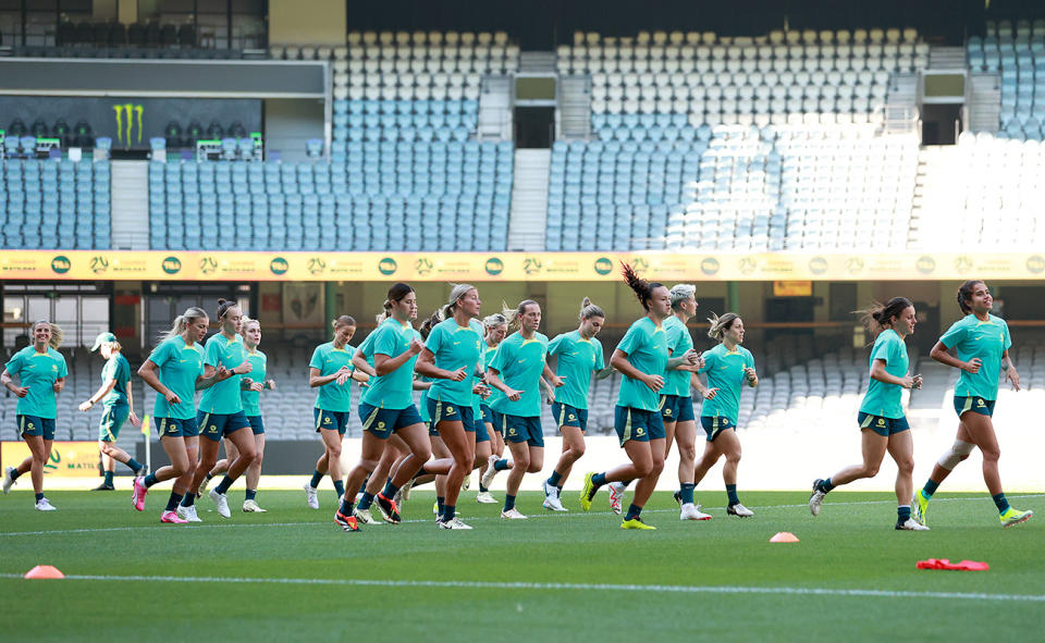 Matildas players, pictured here during a training session at Marvel Stadium.