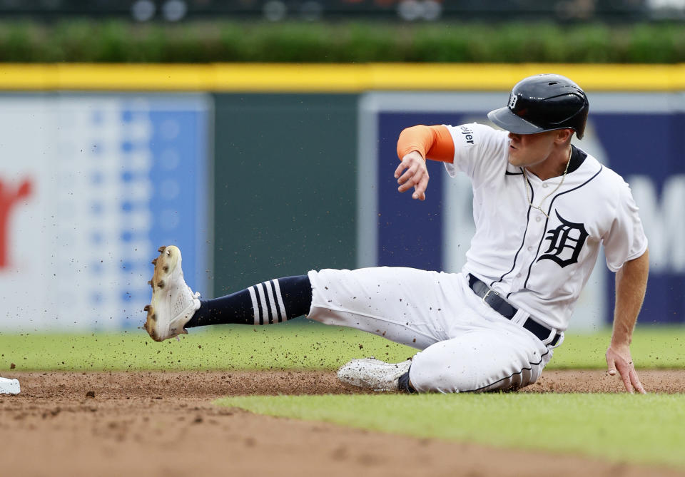 Detroit Tigers' Kerry Carpenter steals second base during the first inning of the team's baseball game against the Chicago White Sox on Saturday, Sept. 9, 2023, in Detroit. (AP Photo/Duane Burleson)