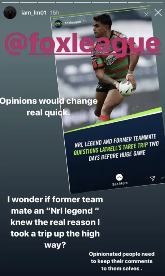 A screenshot of Latrell Mitchell's Instagram story, which shows the Rabbitohs fullback taking aim at former teammate Cooper Cronk. Picture: Instagram/Latrell Mitchell 