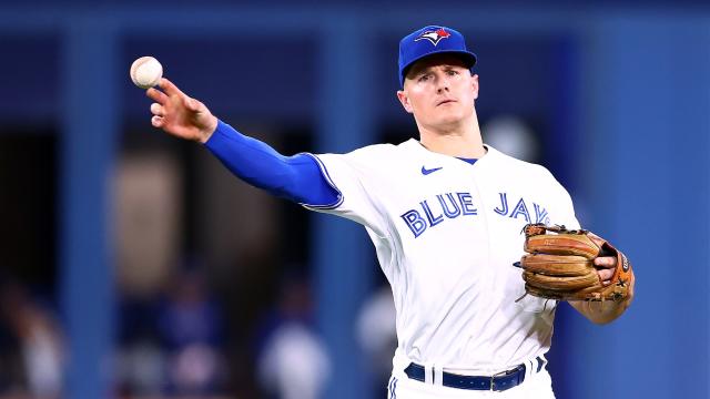 April 17, 2022, TORONTO, ON, CANADA: Toronto Blue Jays third baseman Matt  Chapman (26) returns to third base as he is caught in a rundown during the  fifth inning of MLB baseball