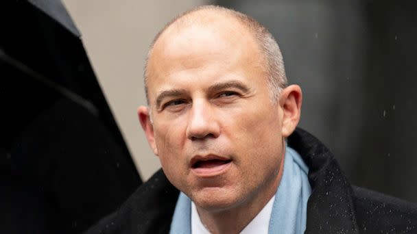 PHOTO: Michael Avenatti speaks to members of the media after leaving federal court on Feb. 4, 2022, in New York. Incarcerated lawyer Avenatti was sentenced in Southern California on Monday, Dec. 5, 2022, to 14 years in prison. (John Minchillo/AP, FILE)