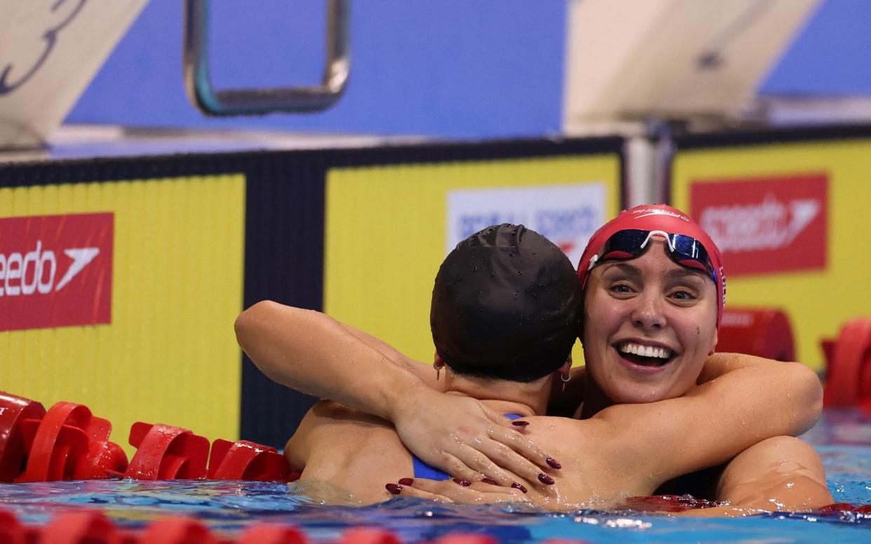 Freya Colbert after winning the Women's 200m Freestyle at the British Swimming Championships in London