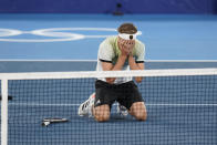 during the men's single gold medal match of the tennis competition at the 2020 Summer Olympics, Sunday, Aug. 1, 2021, in Tokyo, Japan. (AP Photo/Patrick Semansky)