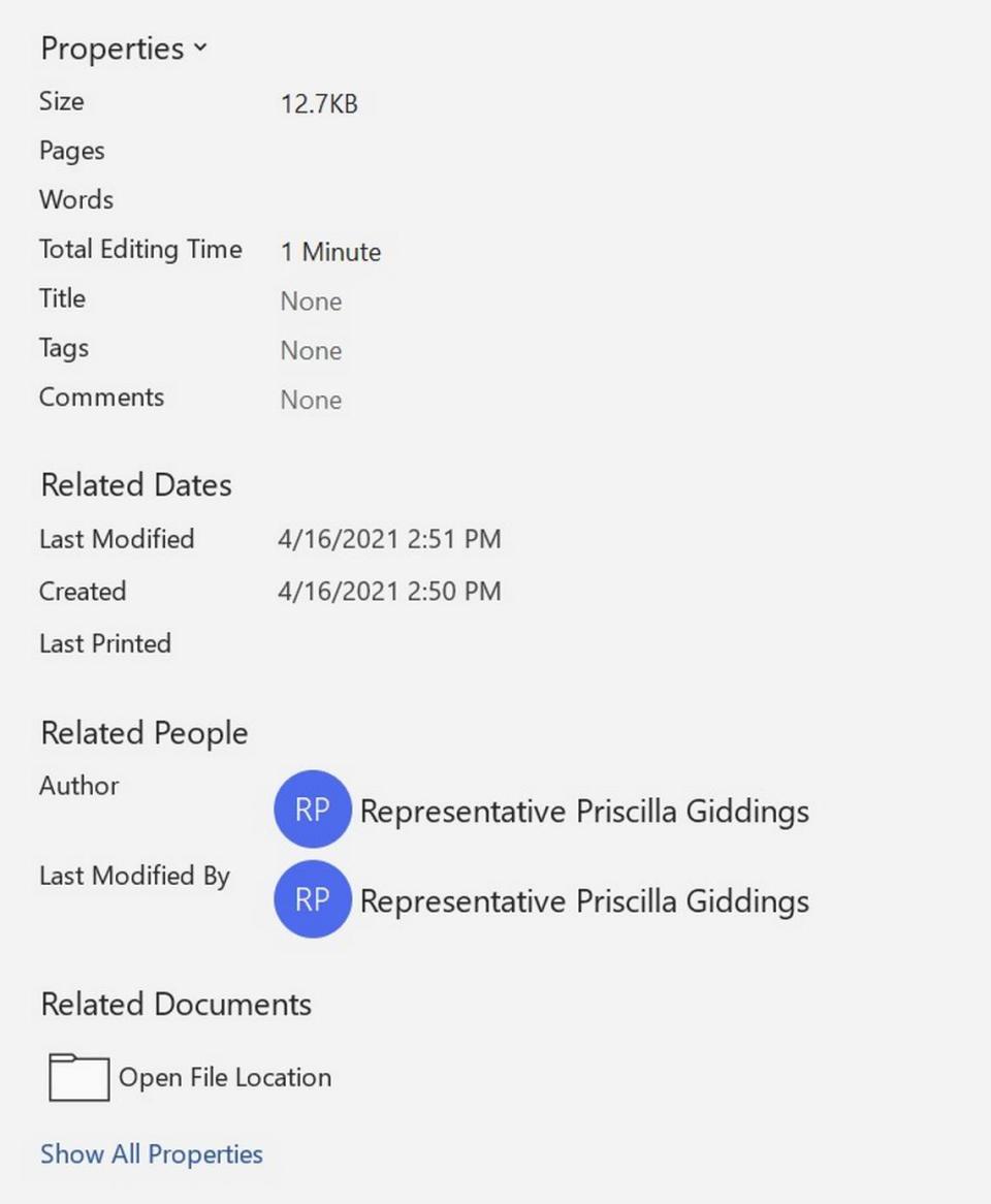 A Word document containing a statement attributed to former Rep. Aaron von Ehlinger shows Rep. Priscilla Giddings was the author and last person to edit the document. The statement is mentioned in a whistleblower lawsuit alleging Giddings and von Ehlinger conspired to retaliate against a woman who accused von Ehlinger of rape.