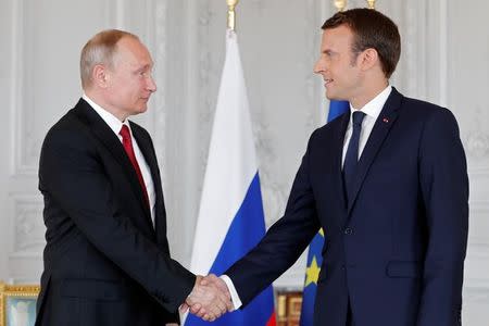 French President Emmanuel Macron (R) shakes hands Russian President Vladimir Putin (L) at the Chateau de Versailles as they meet for talks before the opening of an exhibition marking 300 years of diplomatic ties between the two countries in Versailles, France, May 29, 2017. REUTERS/Philippe Wojazer