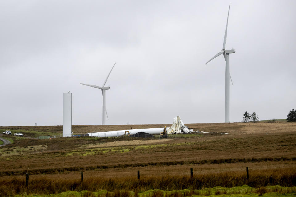 GILFACH GOCH, WALES - FEBRUARY 17: A snapped wind turbine at the Pant-y-Wal wind farm on February 17, 2022 in Gilfach Goch, Wales. A 300ft wind turbine, one of 29 at the Pant-y-Wal wind farm, snapped in strong winds earlier in the week. The Met Office have issued a red weather warning for wind for large parts of South Wales as storm Eunice hits. (Photo by Matthew Horwood/Getty Images)