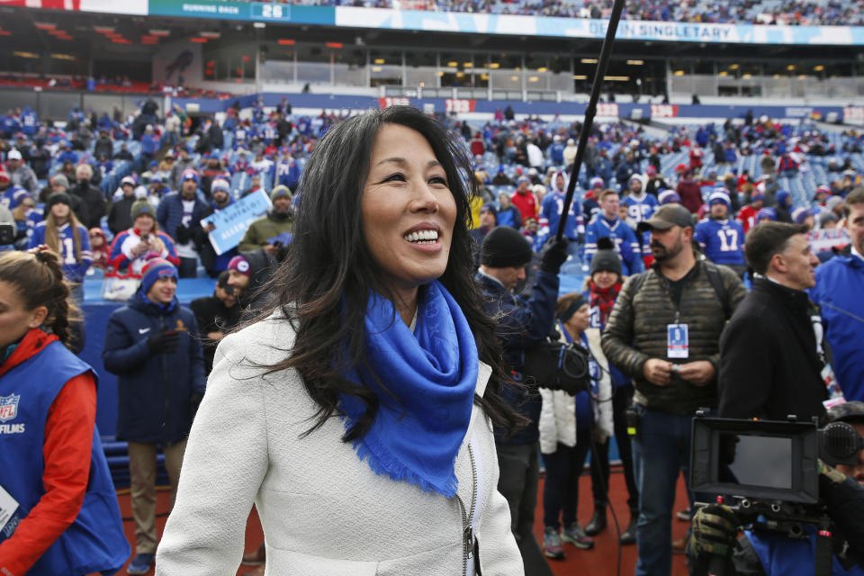 Buffalo Bills owner Kim Pegula is shown before an NFL football game between the Washington Redskins and the Buffalo Bills, Sunday, Nov. 3, 2019, in Orchard Park, N.Y. (AP Photo/John Munson)