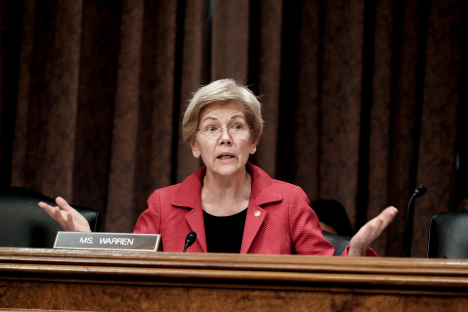 WASHINGTON, DC - JUNE 13: Sen. Elizabeth Warren (D-MA) speaks during a Senate Banking Committee hearing on Capitol Hill on June 13, 2023 in Washington, DC. The committee held the hearing to review 