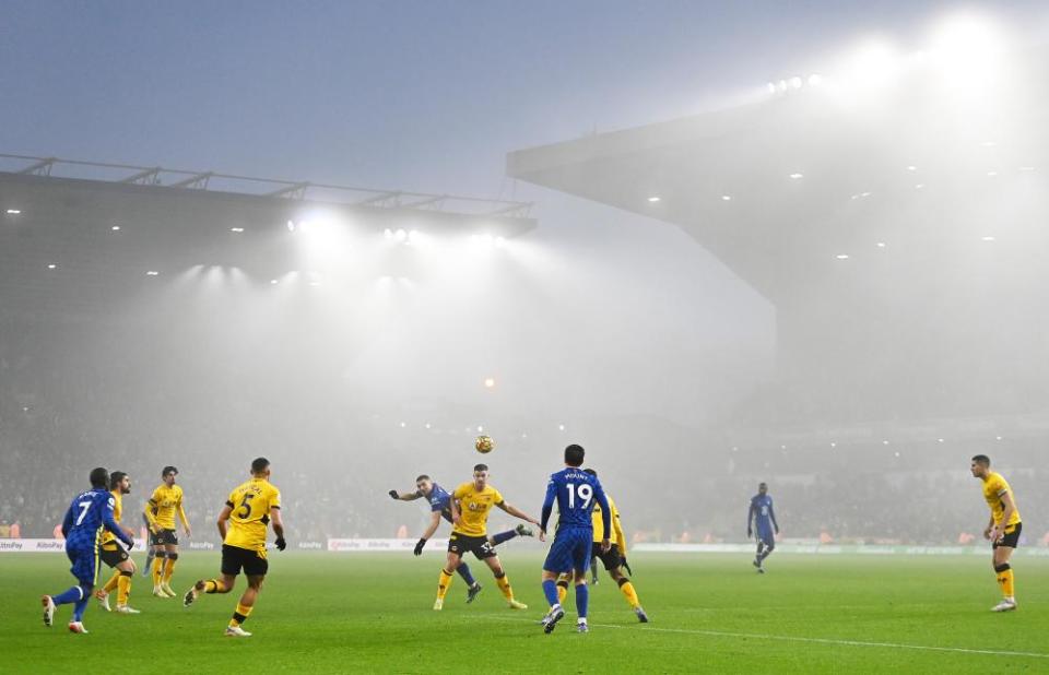 Fog inside the stadium during Wolverhampton Wanderers v Chelsea at Molineux. The match ended 0-0.