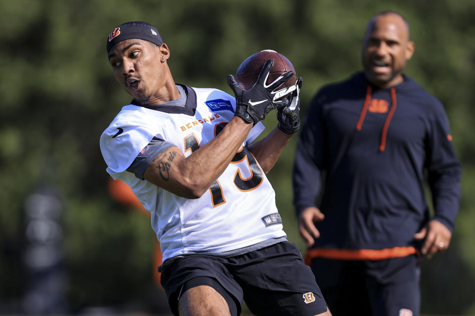 Cincinnati Bengals’ Kendric Pryor makes a catch as he takes part in drills at the NFL football team’s rookie minicamp in Cincinnati, Friday, May 13, 2022. (AP Photo/Aaron Doster)