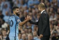 Britain Soccer Football - Manchester City v Borussia Monchengladbach - UEFA Champions League Group Stage - Group C - Etihad Stadium, Manchester, England - 14/9/16 Manchester City's Sergio Aguero with Manchester City manager Pep Guardiola after being substituted Action Images via Reuters / Carl Recine Livepic