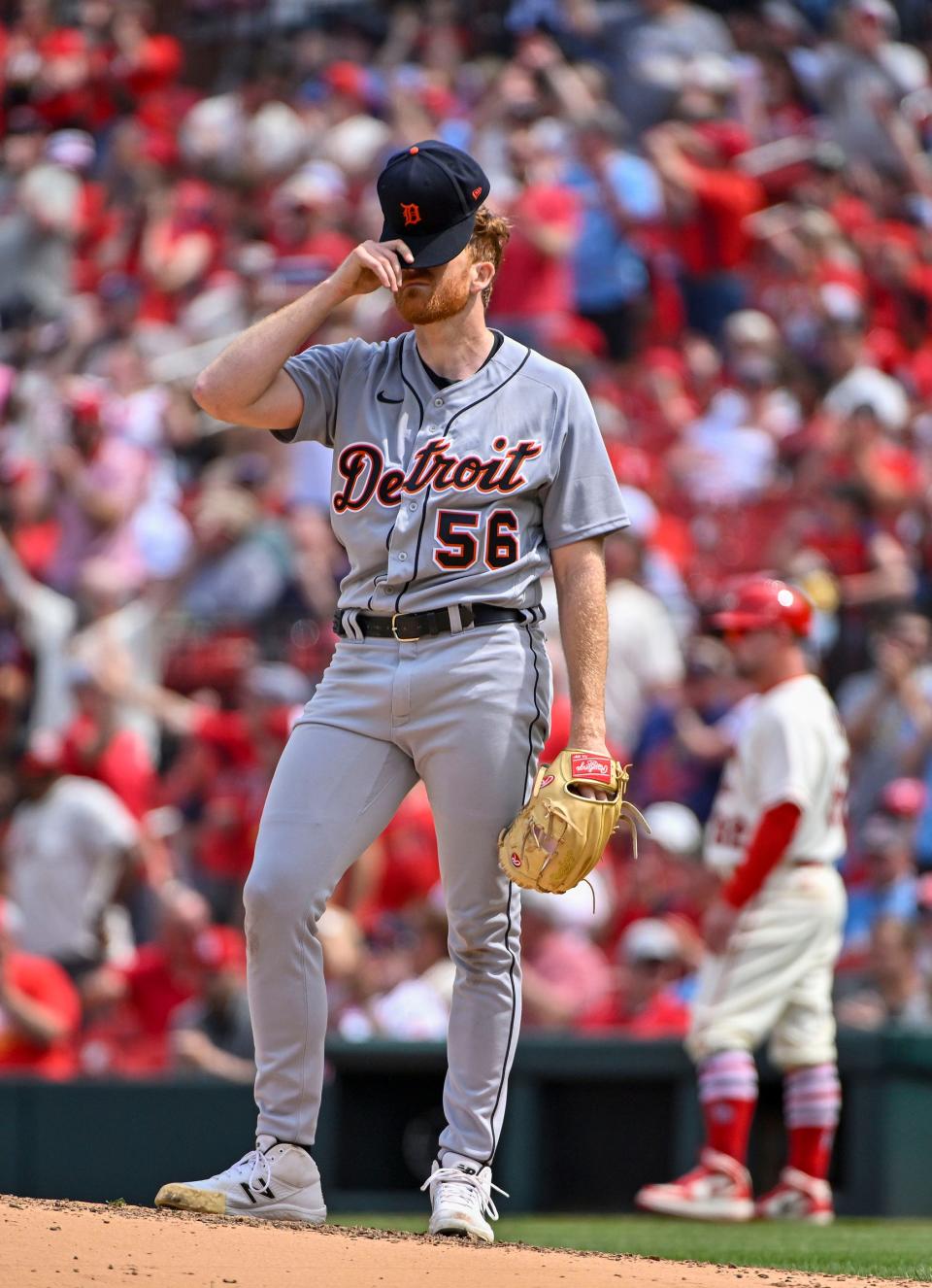 Detroit Tigers starting pitcher Spencer Turnbull reacts after giving up a two run home run to St. Louis Cardinals third baseman Nolan Arenado  during the fifth inning at Busch Stadium on May 6, 2023 in St. Louis, Missouri