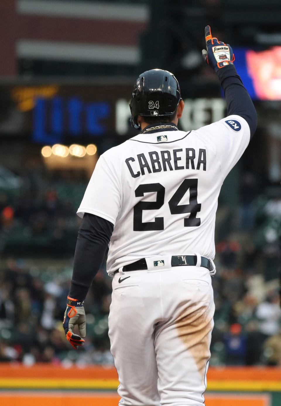 Tigers DH Miguel Cabrera after his single against Yankees pitcher Luis Severino during the fourth inning of the Tigers' 5-3 loss to the Yankees on Wednesday, April 20, 2022 at Comerica Park.